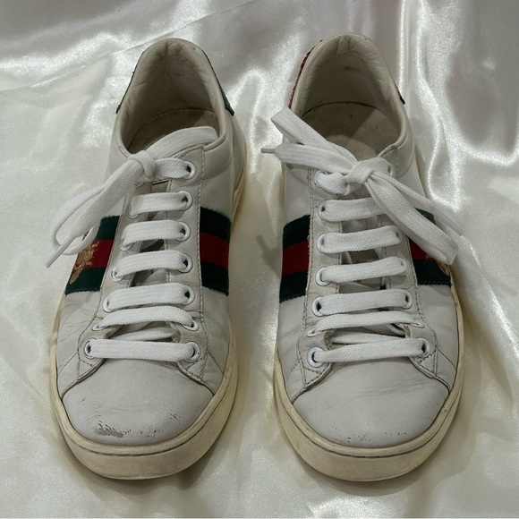 Gucci Ace Embroidered Sneakers White Leather Web Stripe Bee Green Red Size 5.5 - Picture 4 of 14